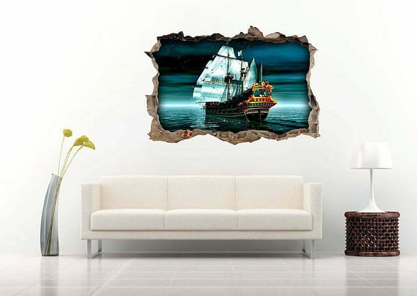Ship Sailing The Night Sea 3D Art Wall Decal Vinyl Sticker