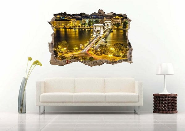 City and Bridge Over The River 3D Art Wall Decal Vinyl Sticker